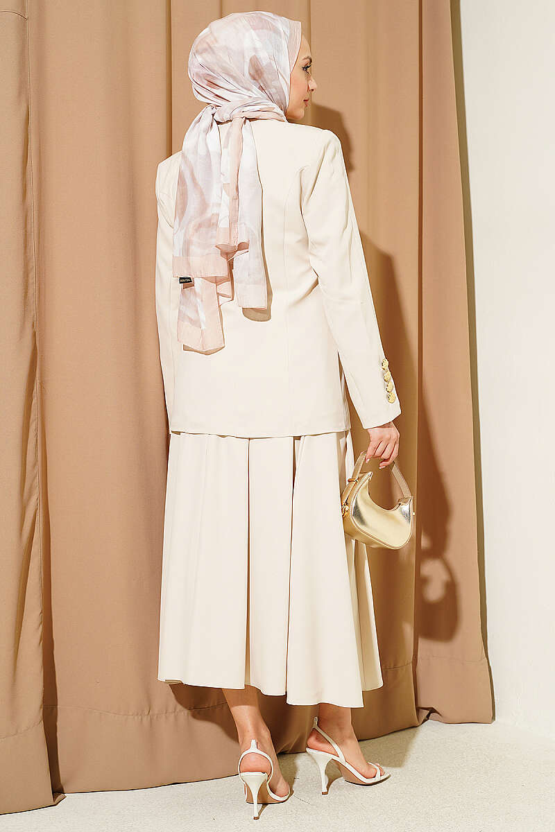 Skirt Set with Gold-Button Blazer - Beige