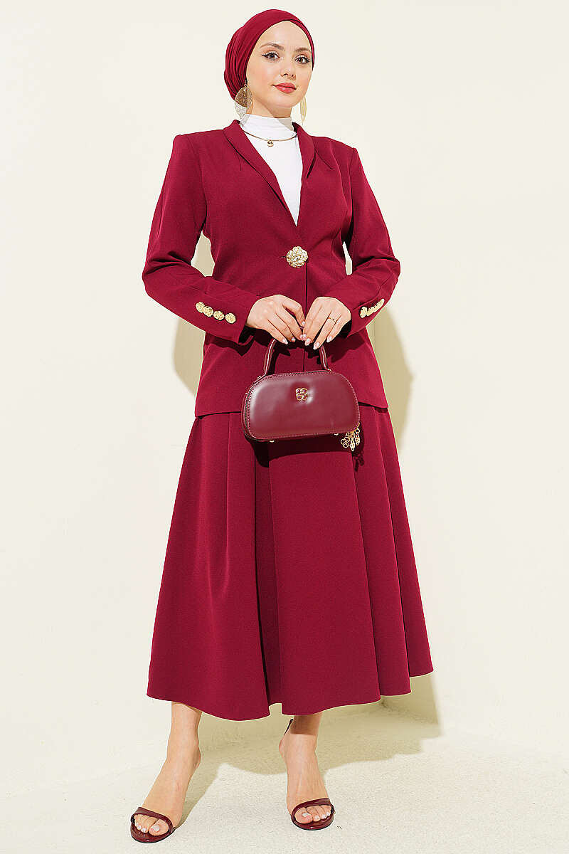 Skirt Set with Gold-Button Blazer - Burgundy