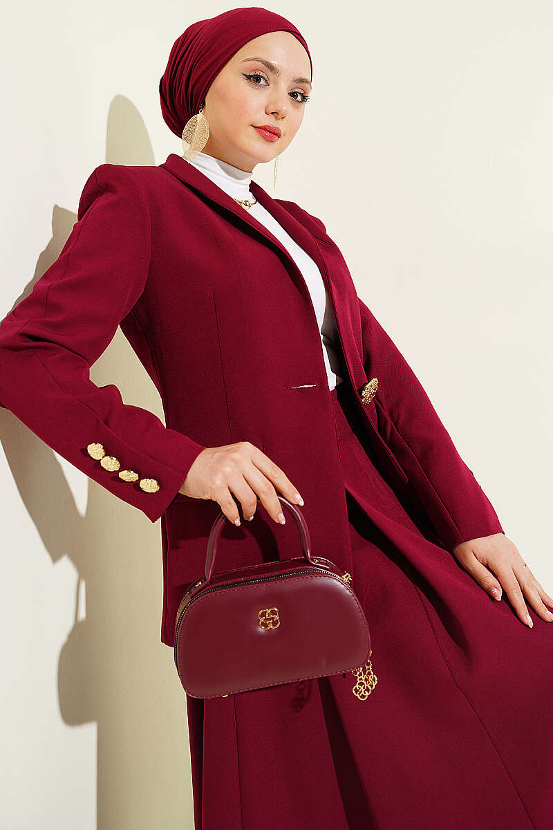 Skirt Set with Gold-Button Blazer - Burgundy