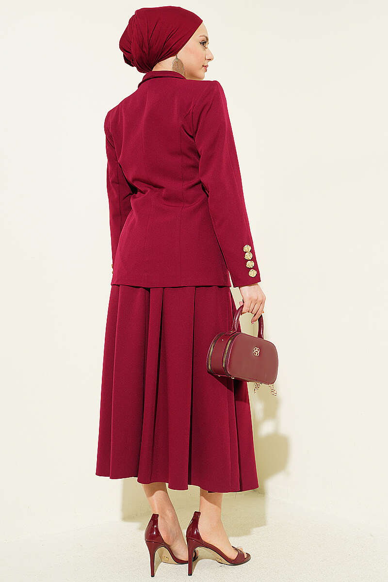 Skirt Set with Gold-Button Blazer - Burgundy