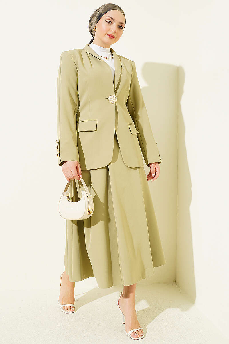 Skirt Set with Gold-Button Blazer - Almond Green