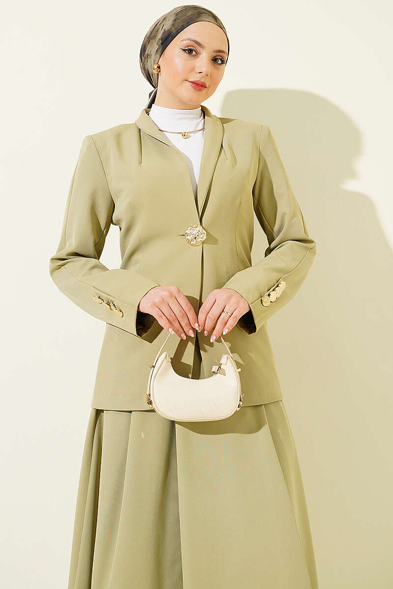 Skirt Set with Gold-Button Blazer - Almond Green