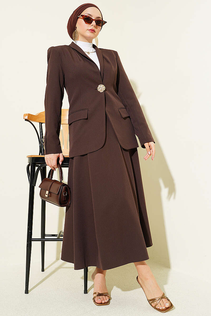 Skirt Set with Gold-Button Blazer - Brown