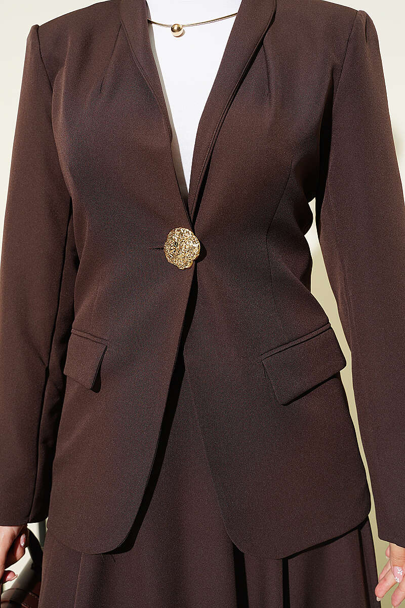 Skirt Set with Gold-Button Blazer - Brown