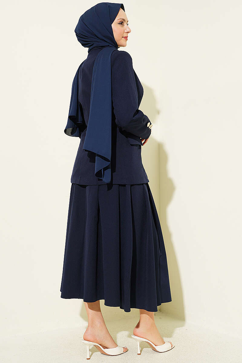 Skirt Set with Gold-Button Blazer - Navy