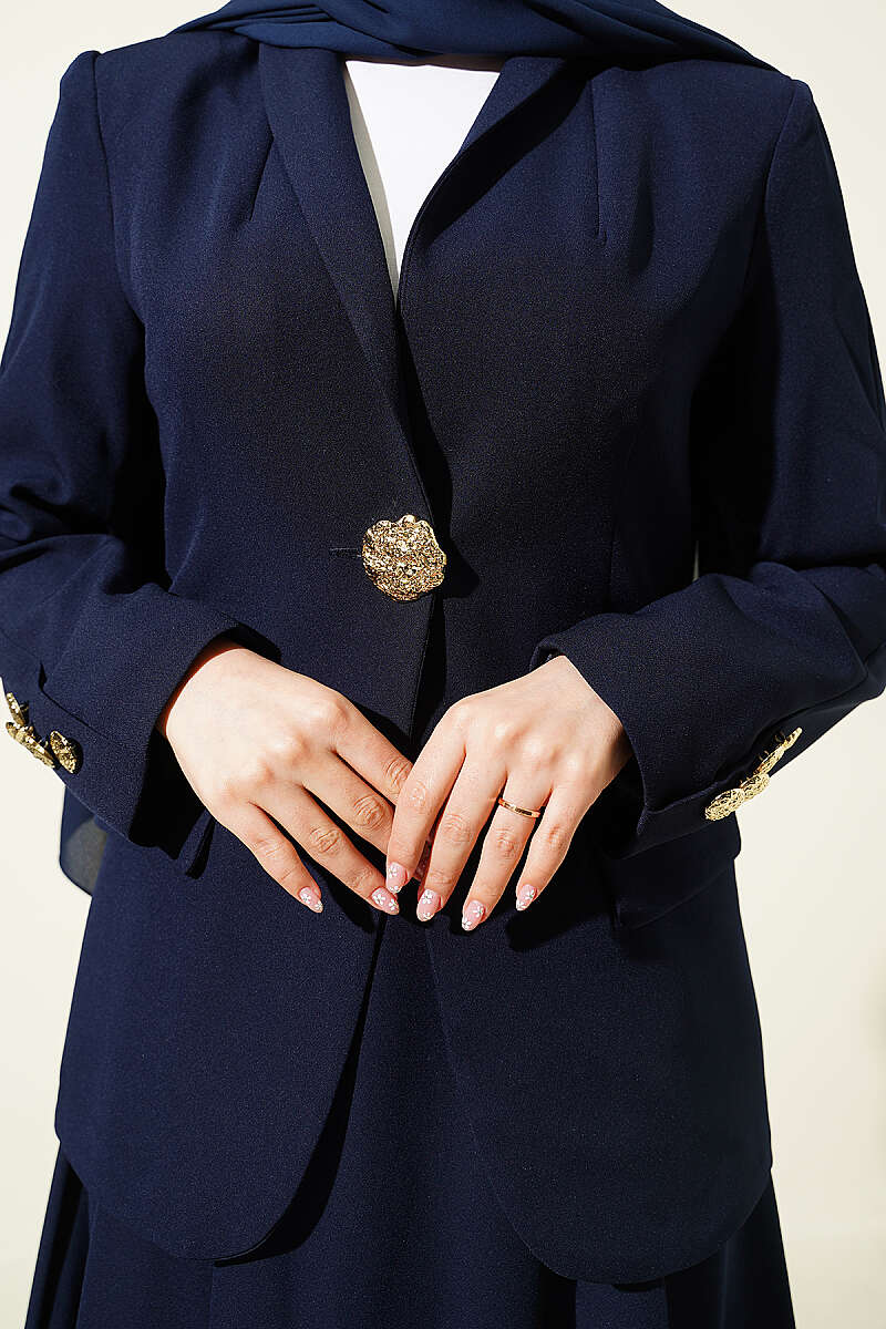 Skirt Set with Gold-Button Blazer - Navy
