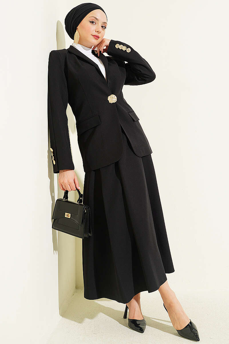 Skirt Set with Gold-Button Blazer - Black