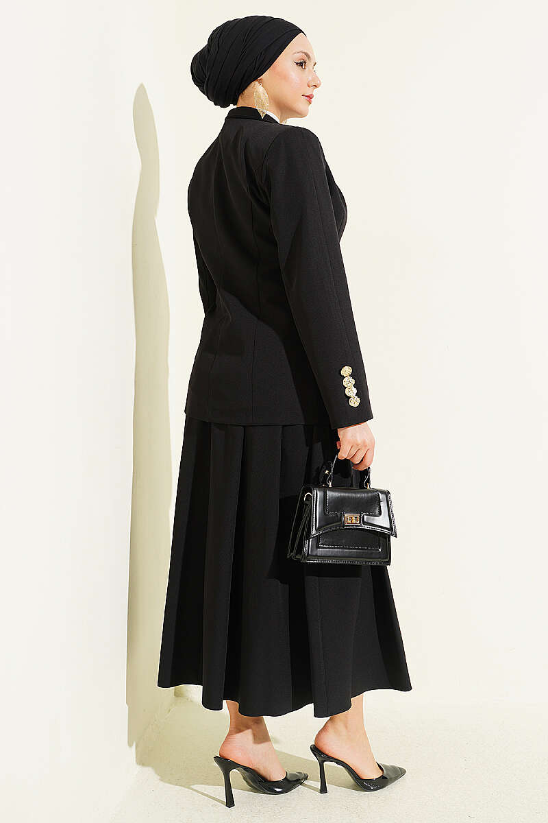 Skirt Set with Gold-Button Blazer - Black