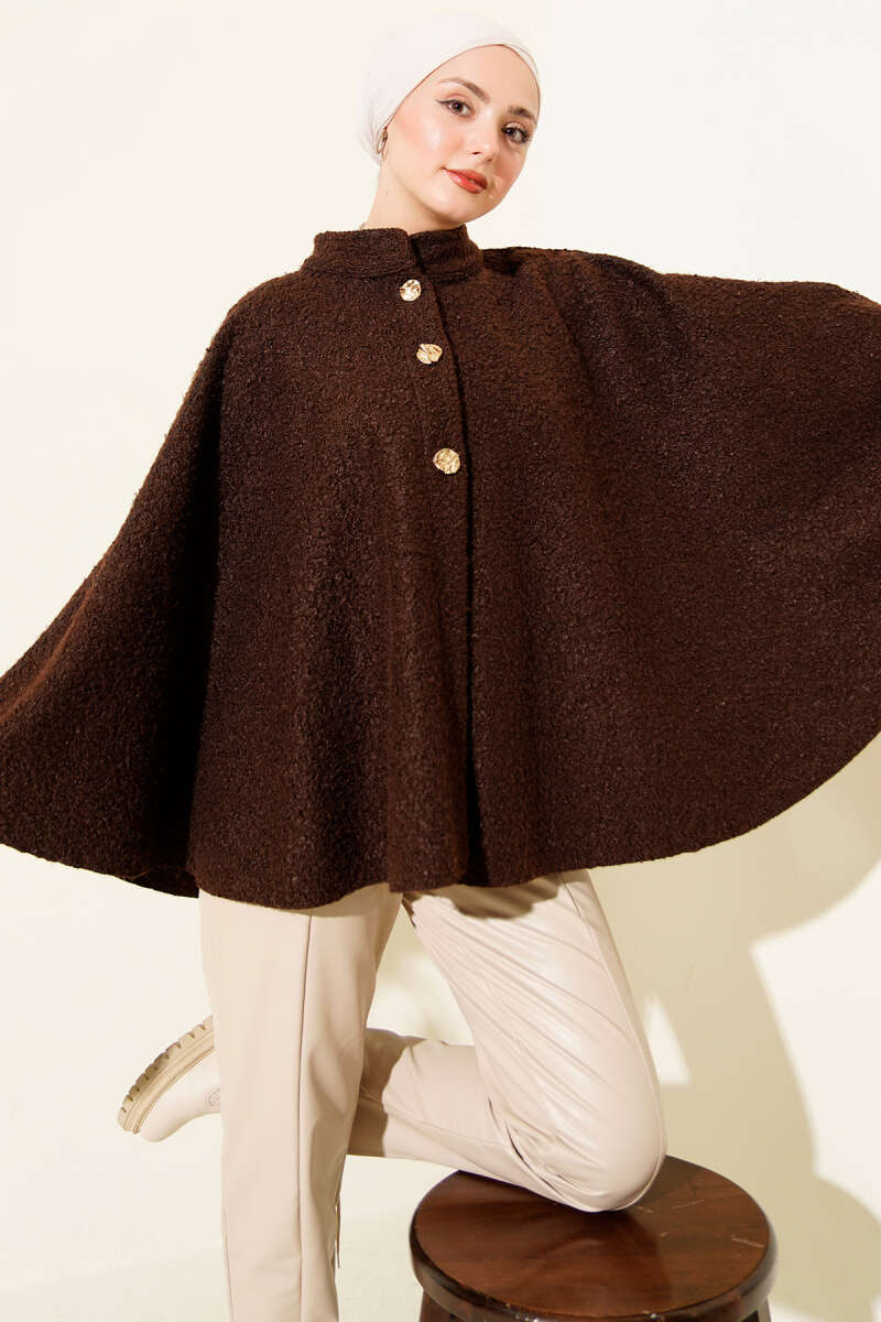 Bouclé Poncho with Gold Buttons - Brown