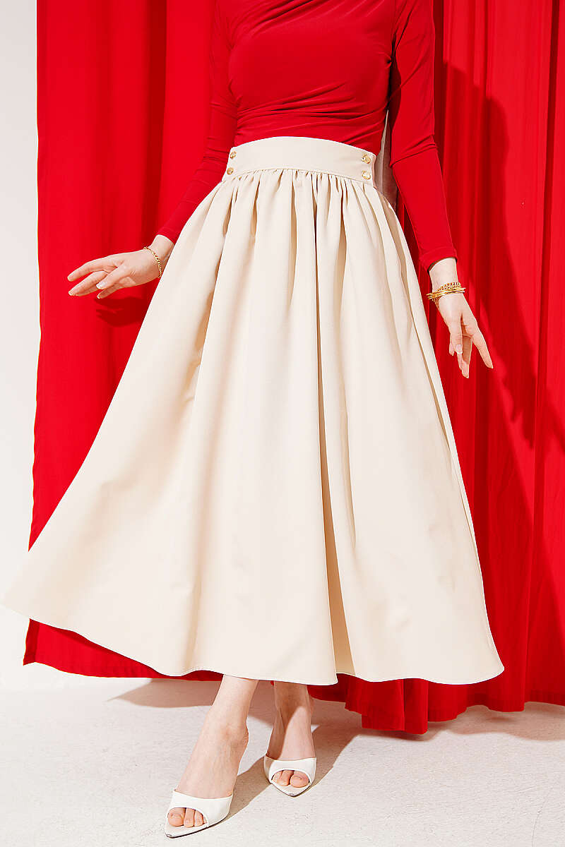 Double-Knit Skirt with Pockets and Gold Buttons - Beige