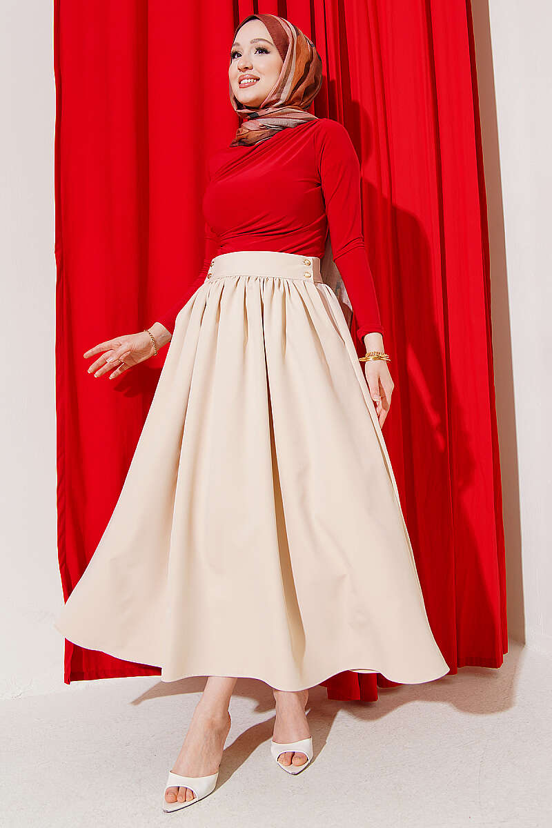 Double-Knit Skirt with Pockets and Gold Buttons - Beige