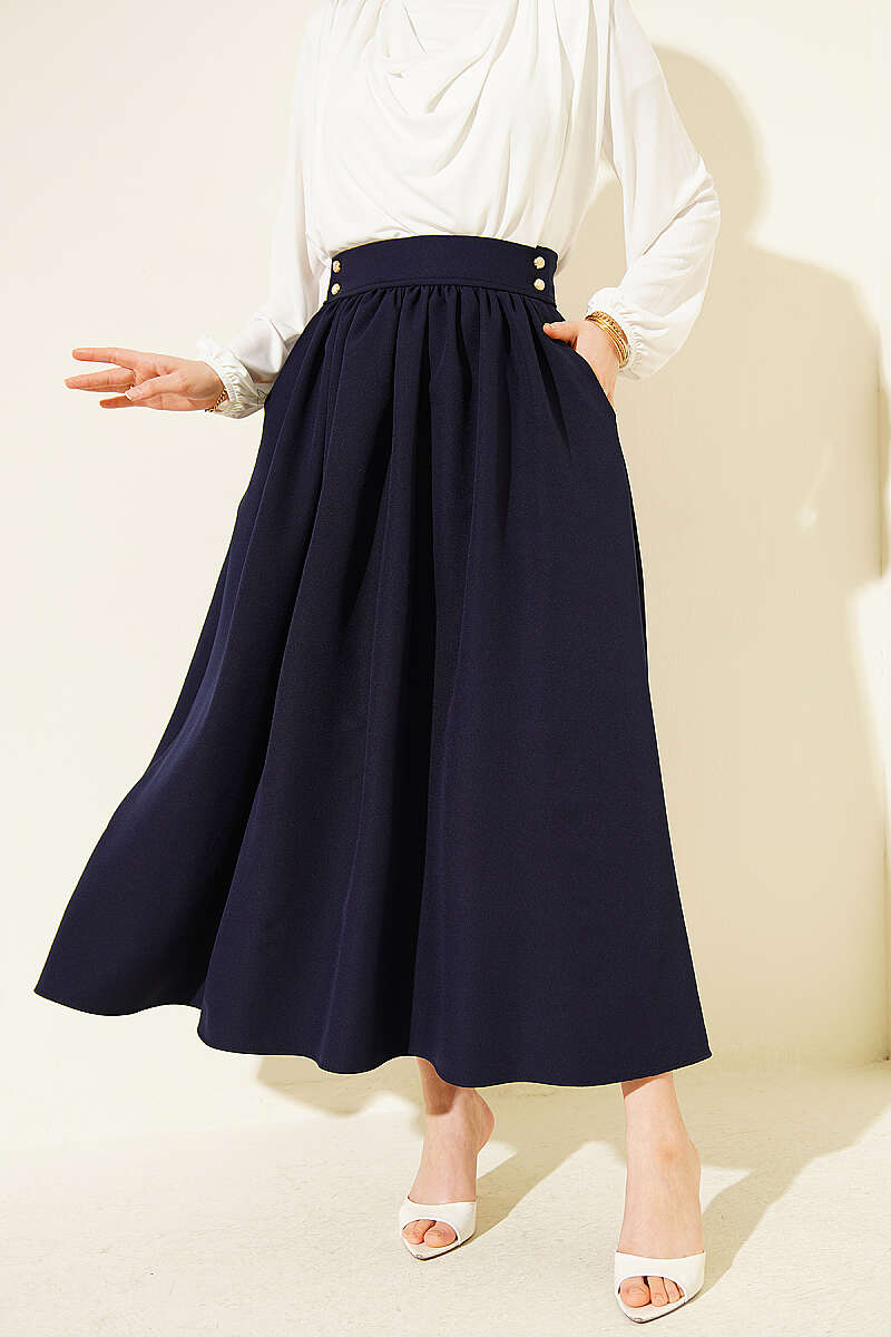 Double-Knit Skirt with Pockets and Gold Buttons - Navy