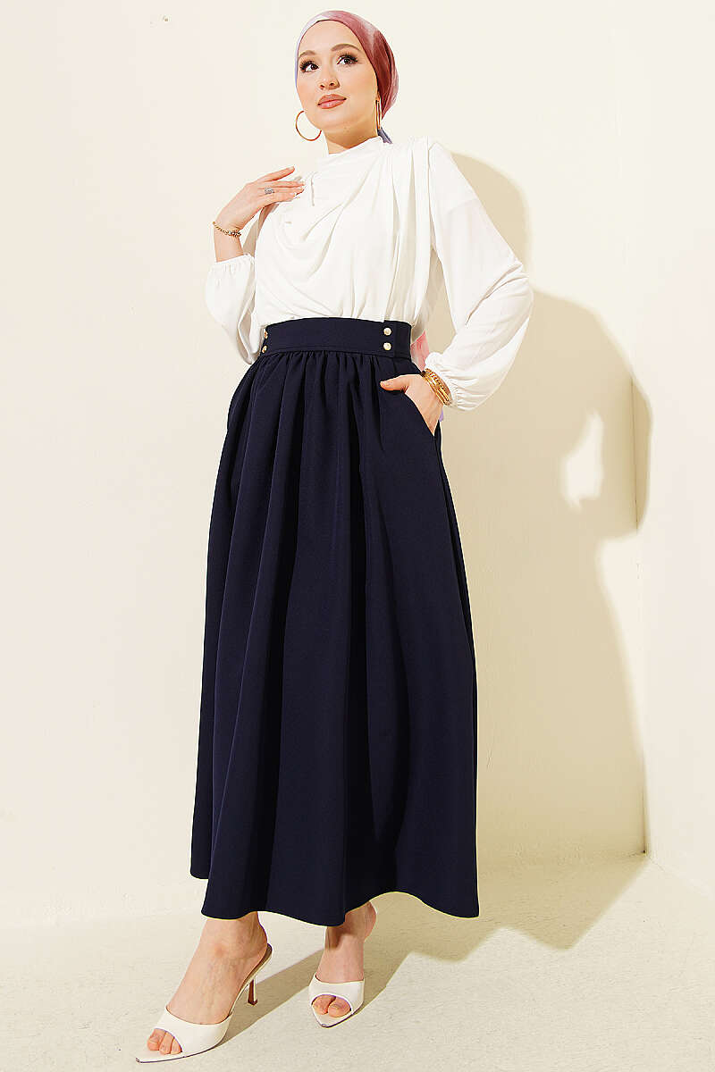 Double-Knit Skirt with Pockets and Gold Buttons - Navy