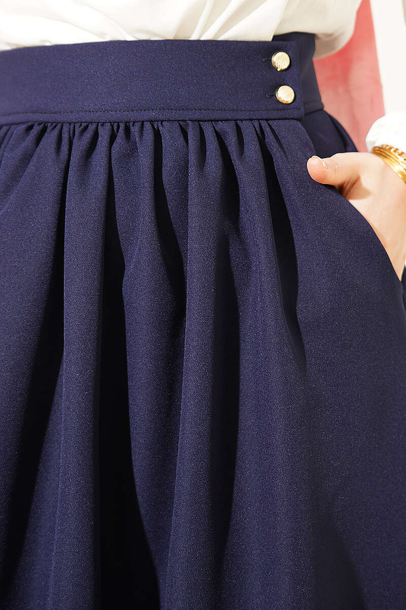 Double-Knit Skirt with Pockets and Gold Buttons - Navy