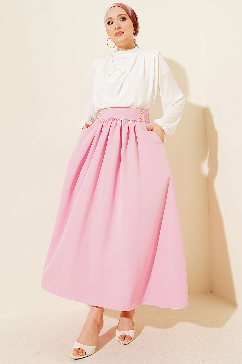 Double-Knit Skirt with Pockets and Gold Buttons - Pink