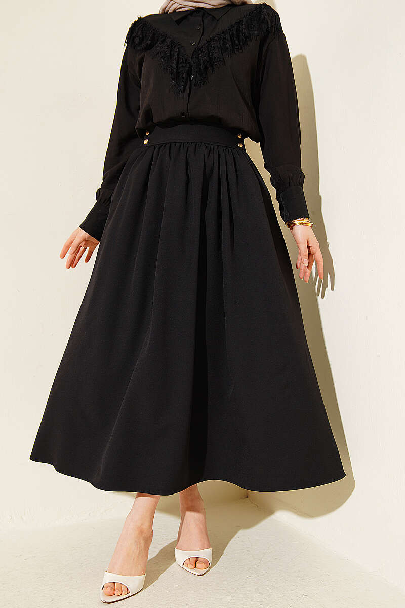 Double-Knit Skirt with Pockets and Gold Buttons - Black