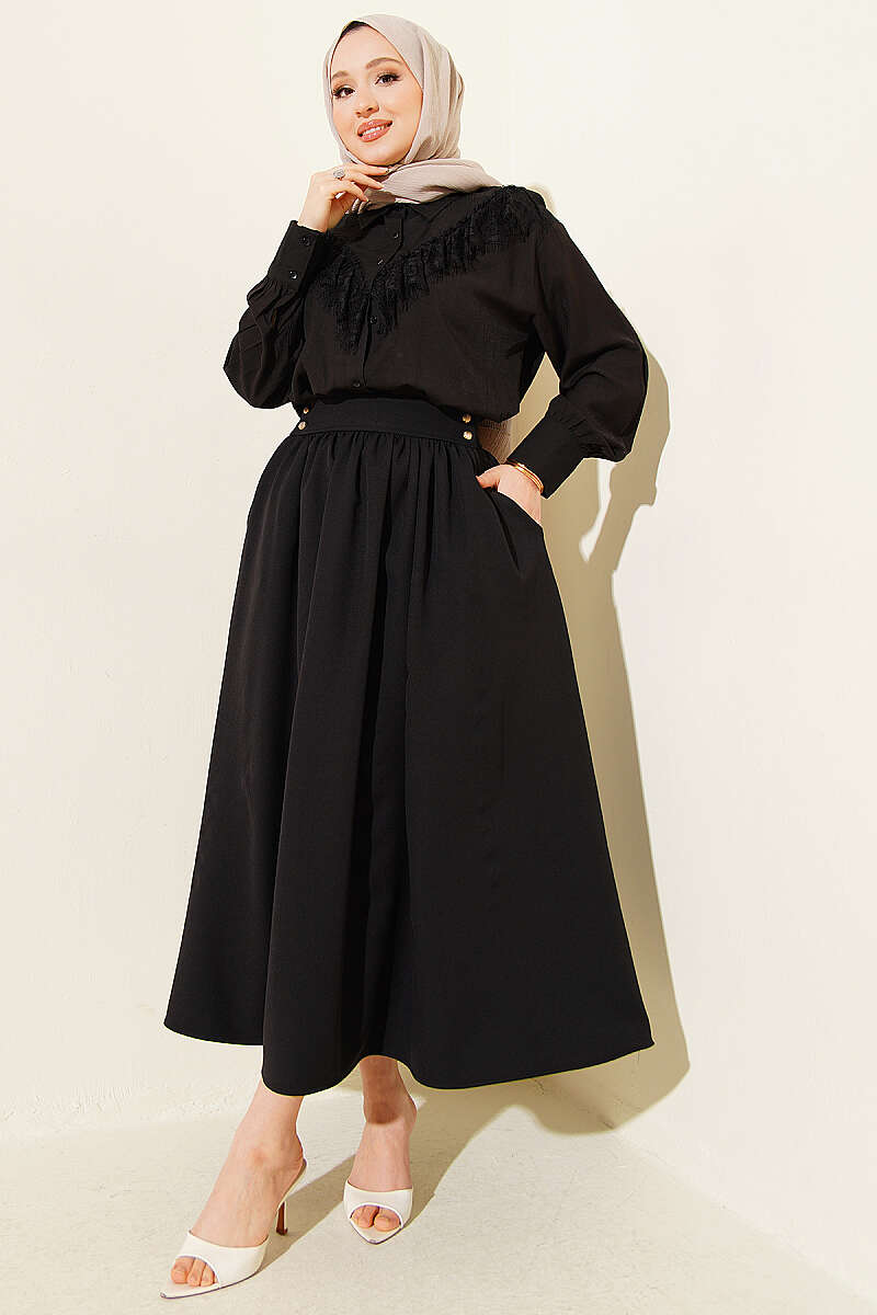 Double-Knit Skirt with Pockets and Gold Buttons - Black