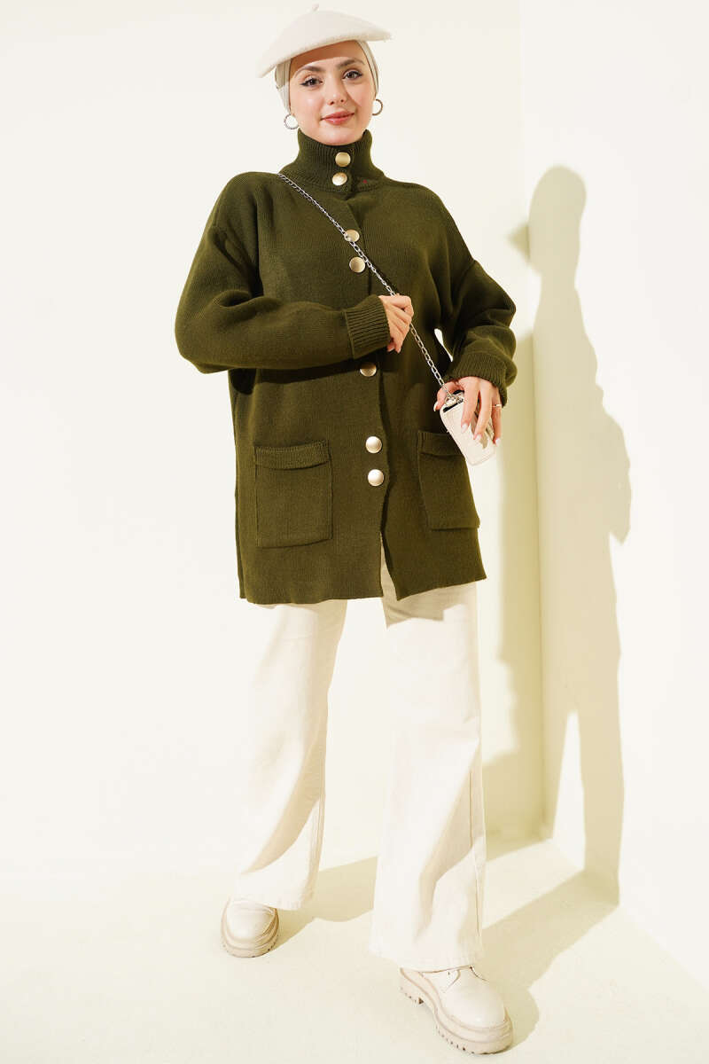 Pocket Knit Cardigan with Gold Buttons - Khaki