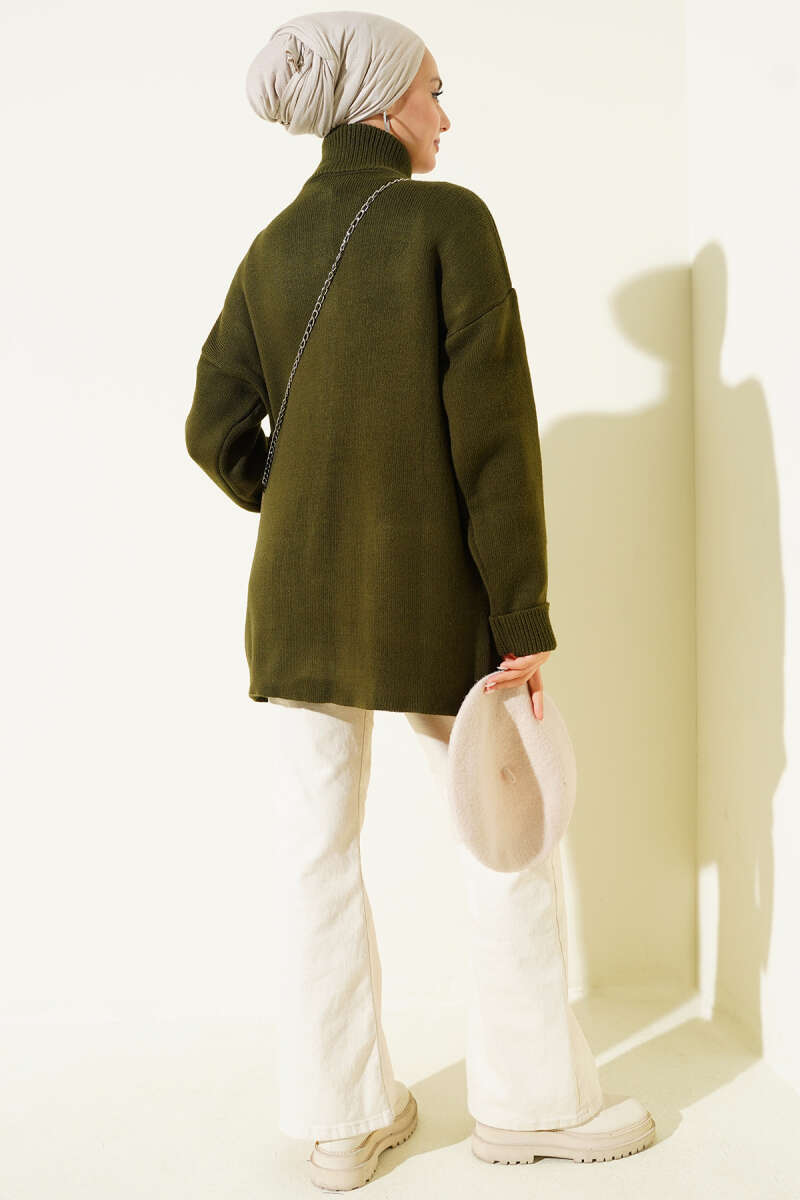 Pocket Knit Cardigan with Gold Buttons - Khaki