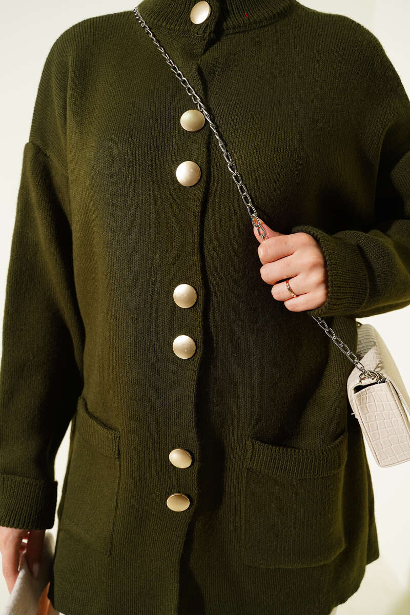 Pocket Knit Cardigan with Gold Buttons - Khaki