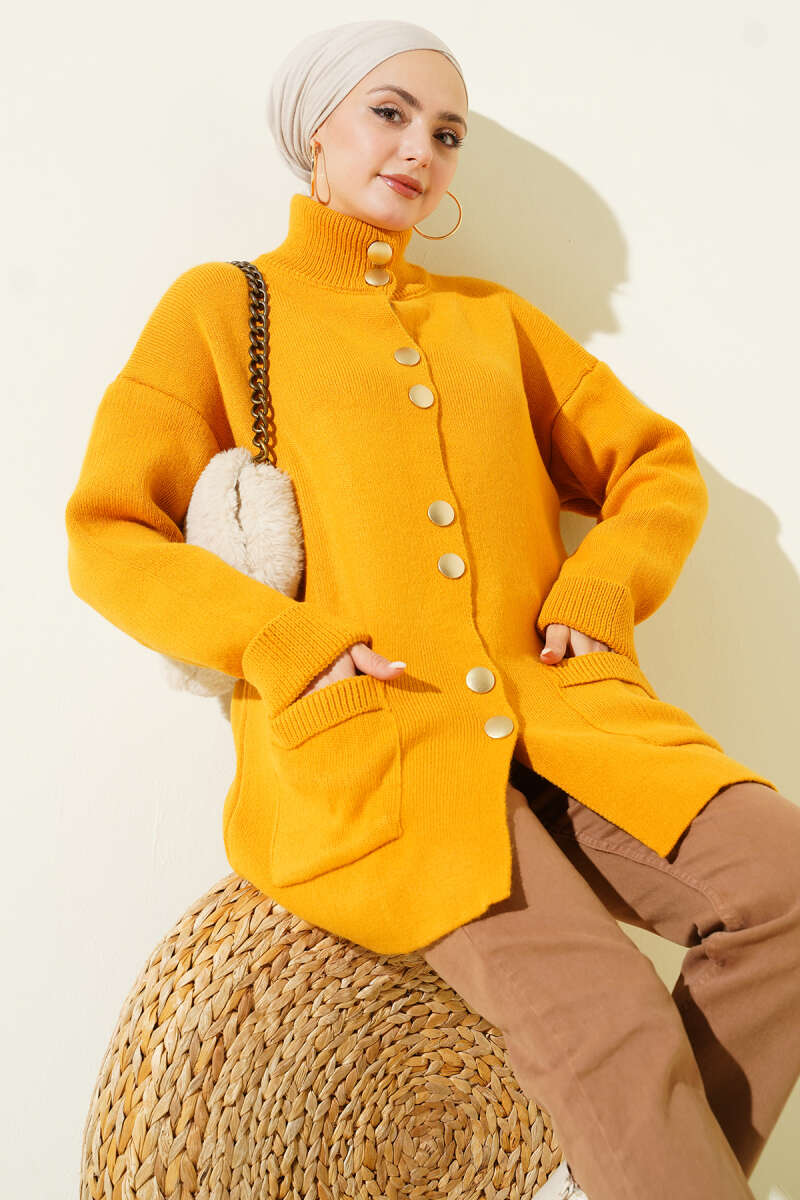 Pocket Knit Cardigan with Gold Buttons - Mustard