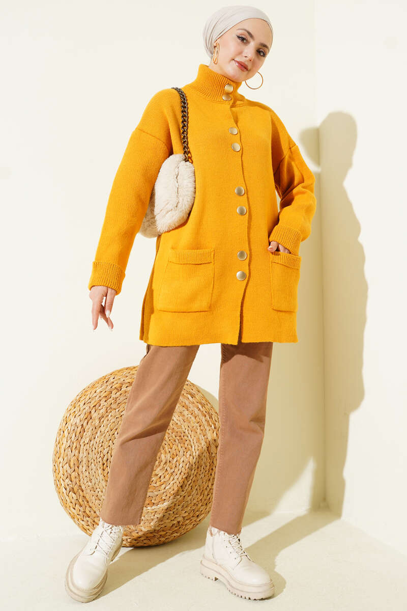Pocket Knit Cardigan with Gold Buttons - Mustard