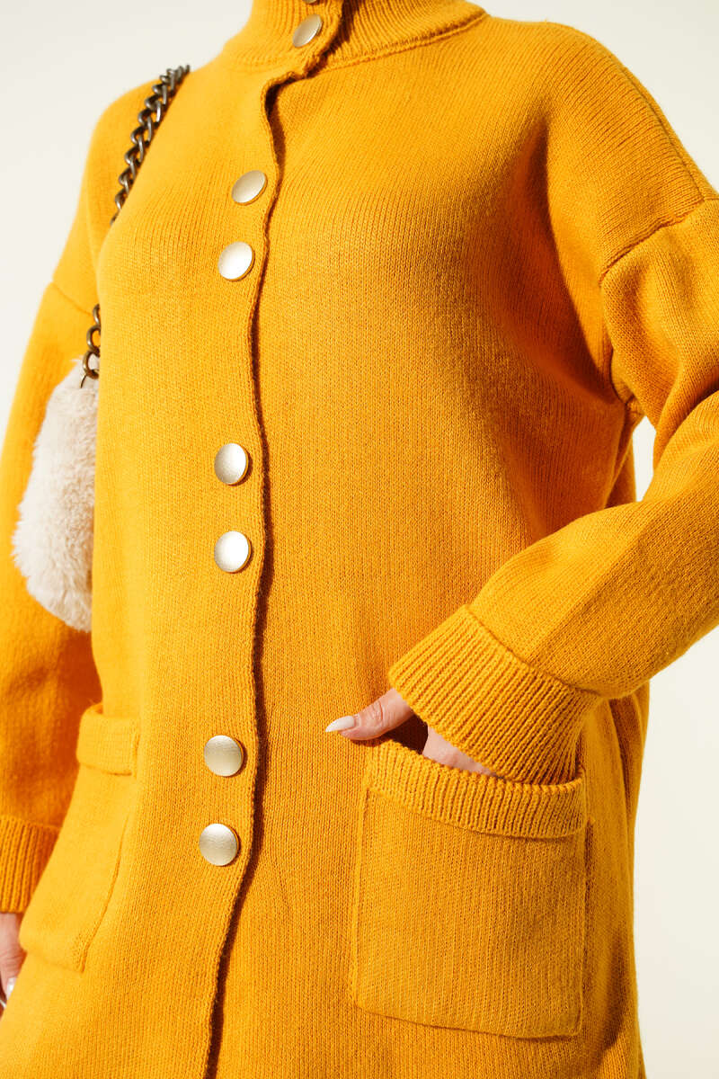 Pocket Knit Cardigan with Gold Buttons - Mustard