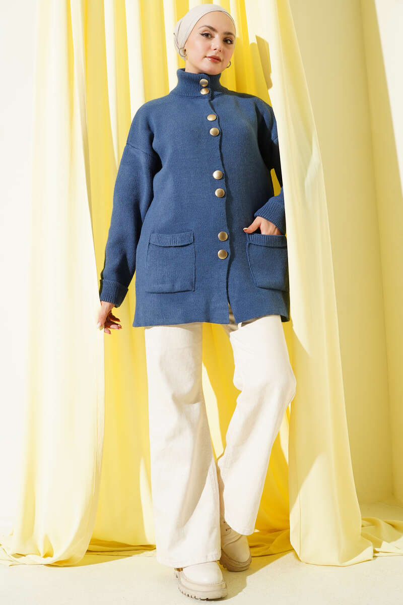 Pocket Knit Cardigan with Gold Buttons - Indigo