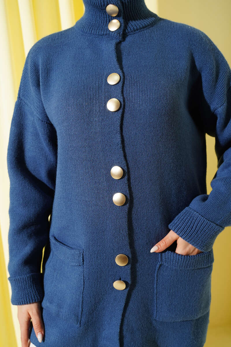 Pocket Knit Cardigan with Gold Buttons - Indigo