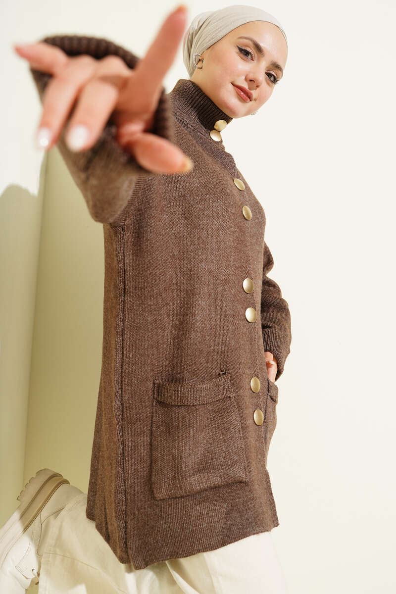 Pocket Knit Cardigan with Gold Buttons - Brown