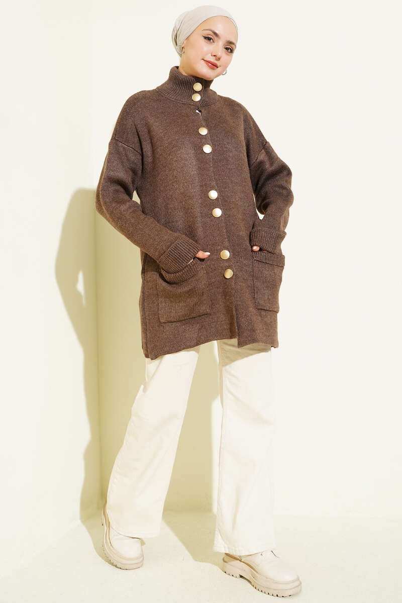 Pocket Knit Cardigan with Gold Buttons - Brown