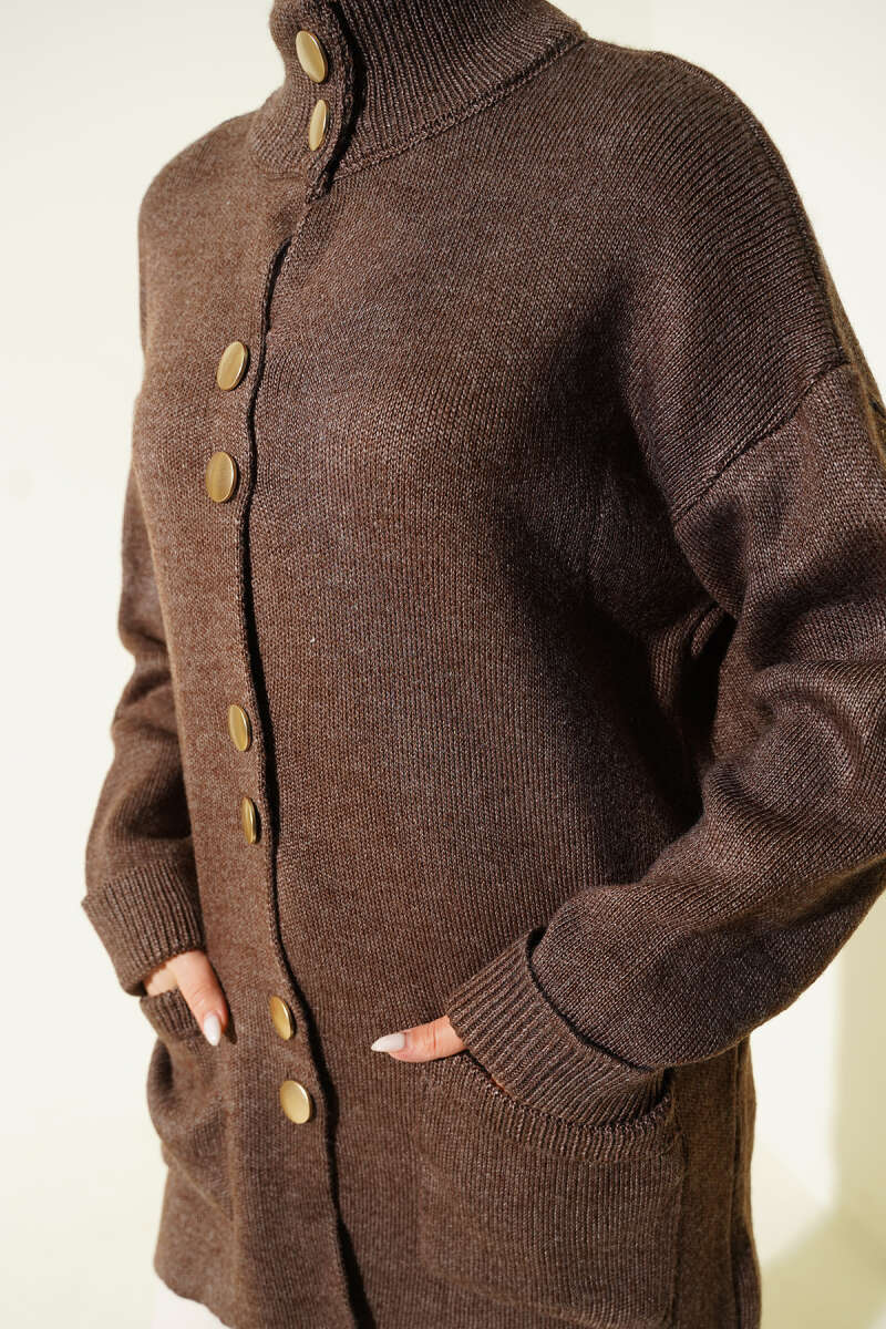 Pocket Knit Cardigan with Gold Buttons - Brown