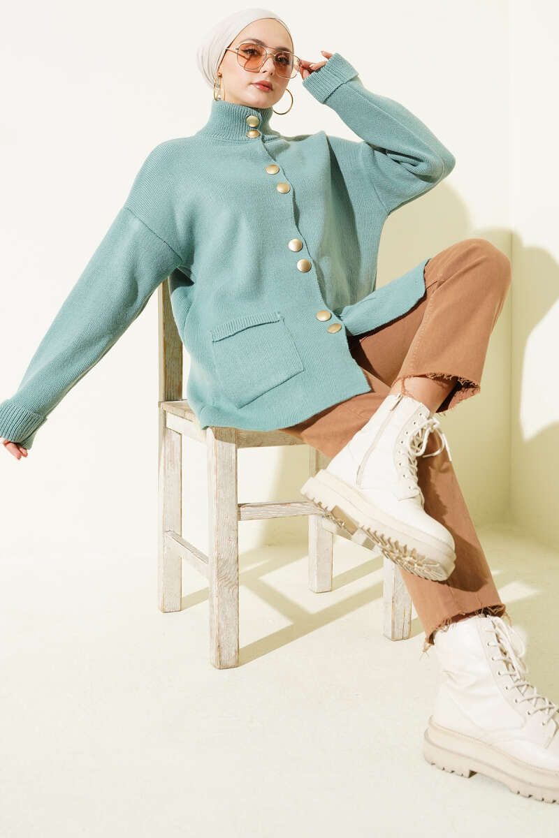 Pocket Knit Cardigan with Gold Buttons - Mint