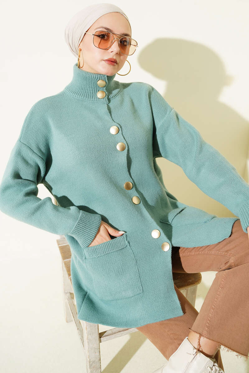 Pocket Knit Cardigan with Gold Buttons - Mint