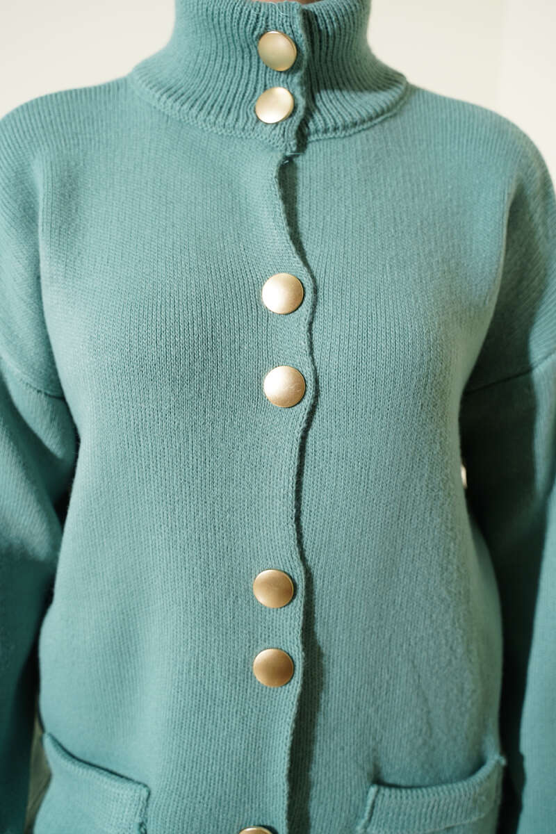 Pocket Knit Cardigan with Gold Buttons - Mint