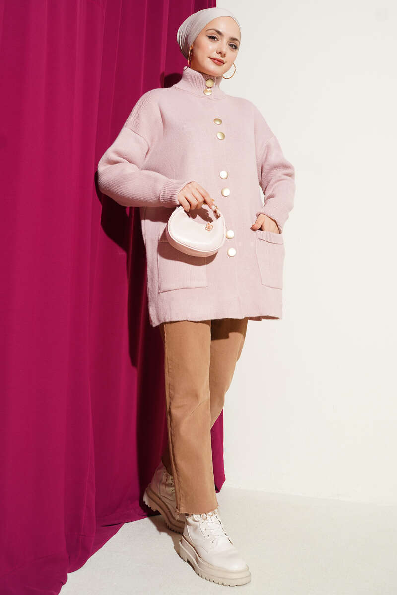 Pocket Knit Cardigan with Gold Buttons - Powder
