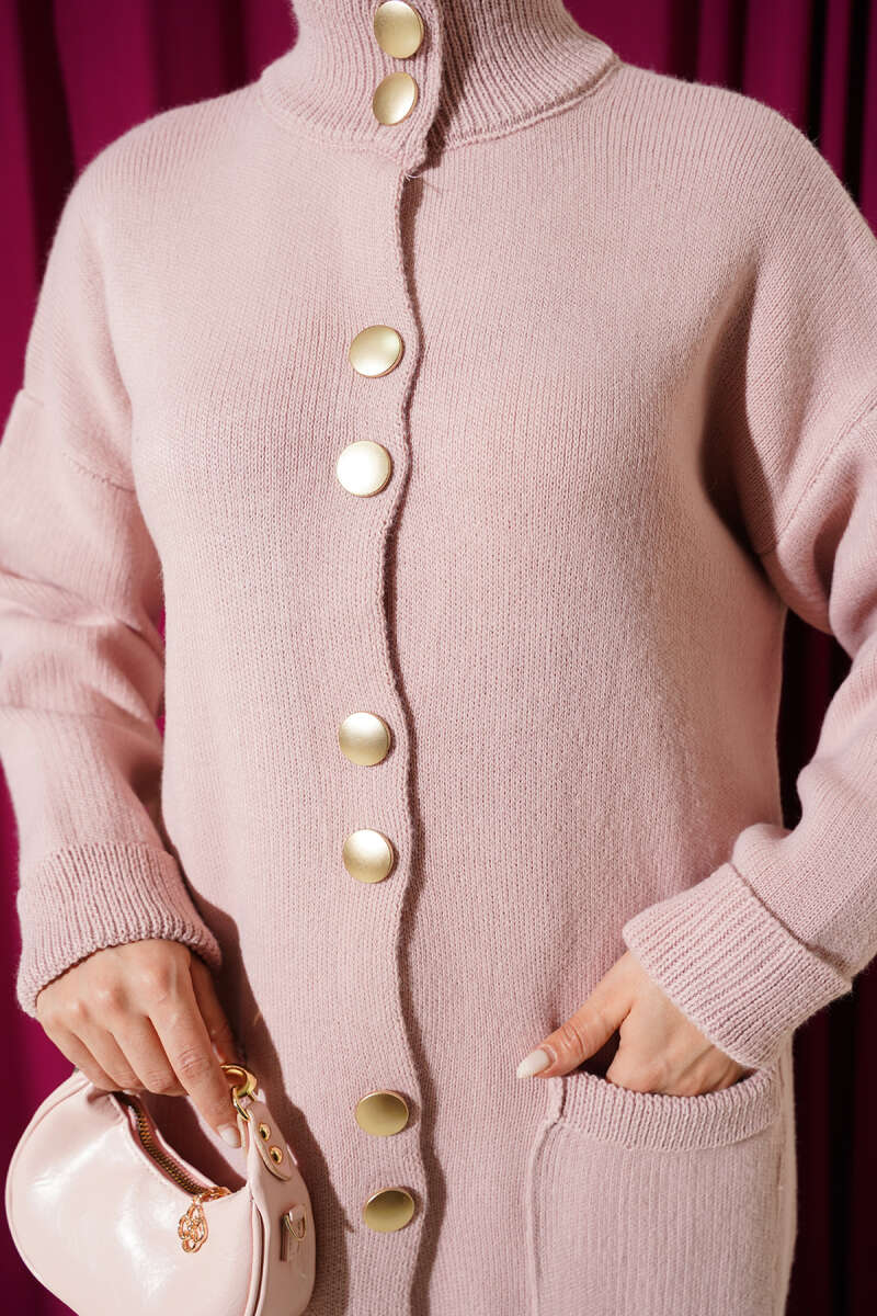 Pocket Knit Cardigan with Gold Buttons - Powder