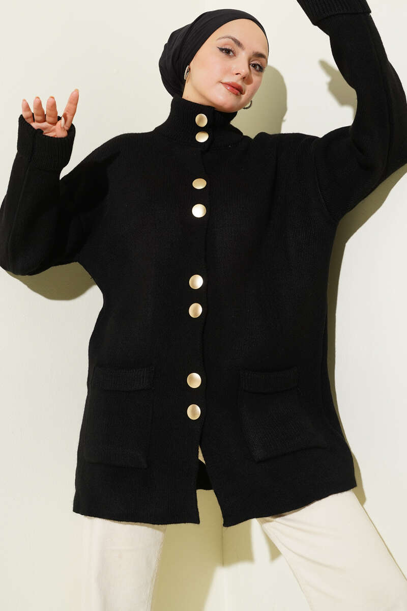 Pocket Knit Cardigan with Gold Buttons - Black
