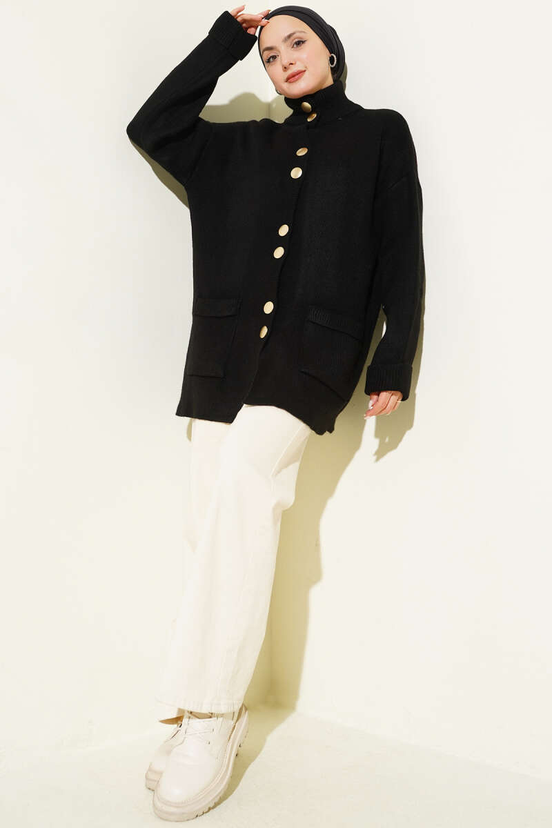 Pocket Knit Cardigan with Gold Buttons - Black