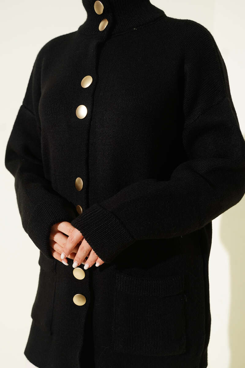 Pocket Knit Cardigan with Gold Buttons - Black