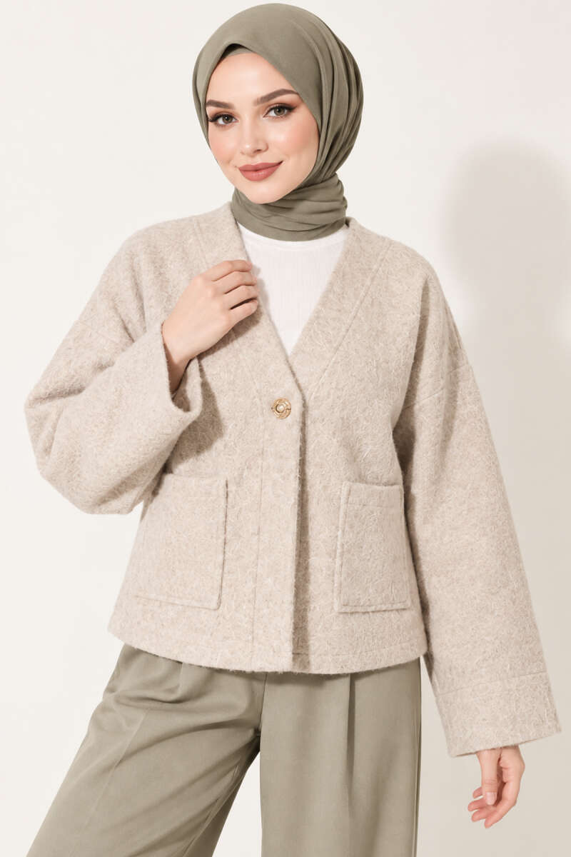 Felt Jacket with Gold Buttons and Two Pockets - Beige