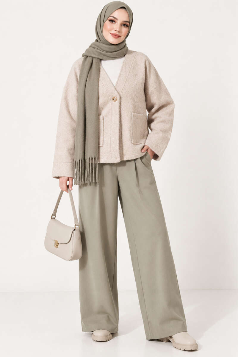 Felt Jacket with Gold Buttons and Two Pockets - Beige