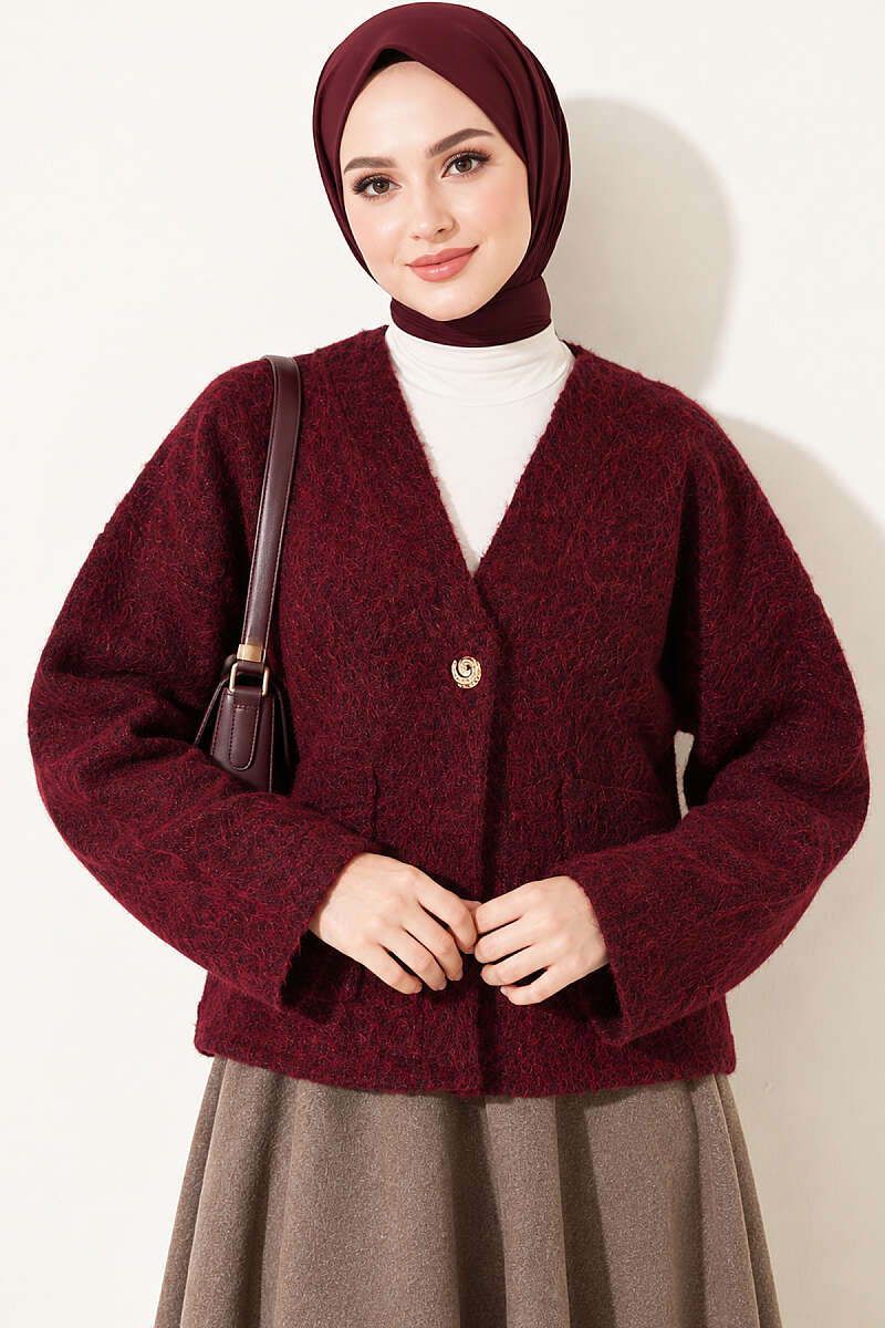 Felt Jacket with Gold Buttons and Two Pockets - Burgundy