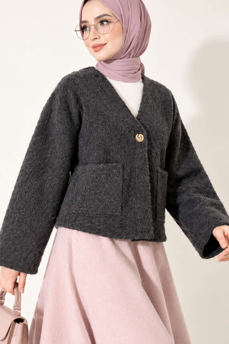 Felt Jacket with Gold Buttons and Two Pockets - Smoke Grey