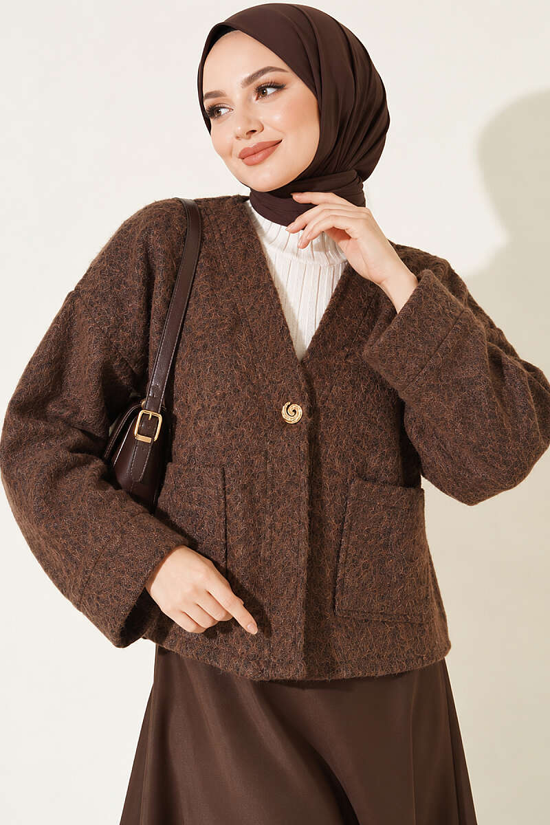 Felt Jacket with Gold Buttons and Two Pockets - Brown