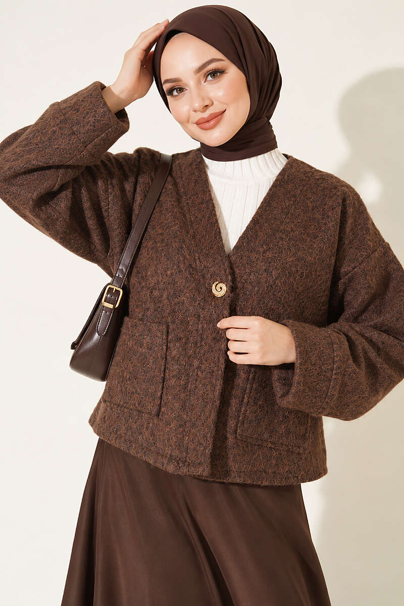 Felt Jacket with Gold Buttons and Two Pockets - Brown
