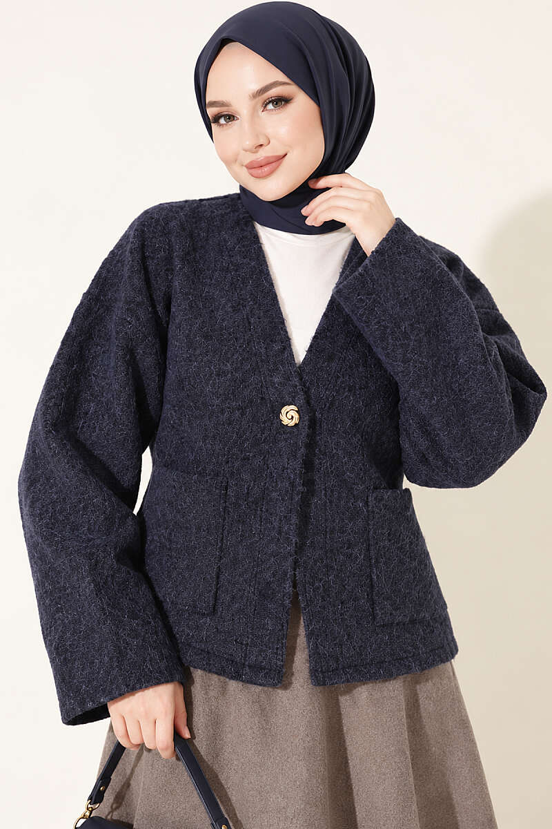 Felt Jacket with Gold Buttons and Two Pockets - Navy