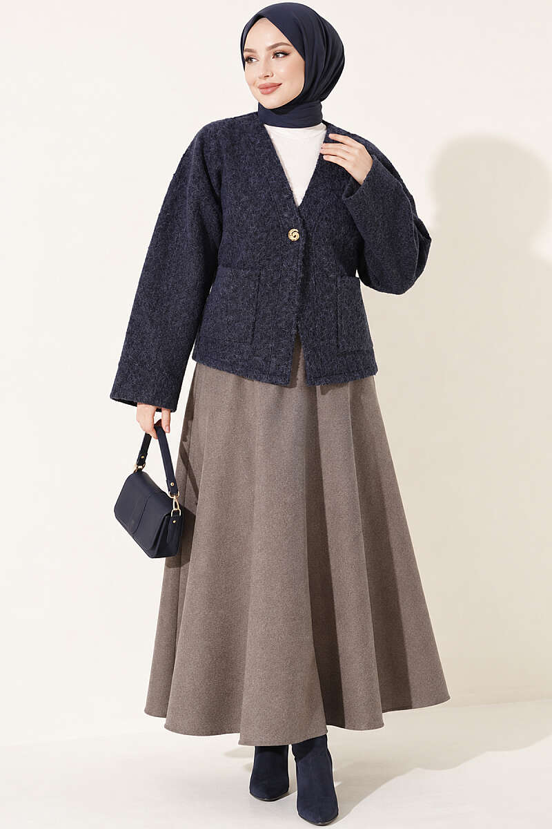 Felt Jacket with Gold Buttons and Two Pockets - Navy