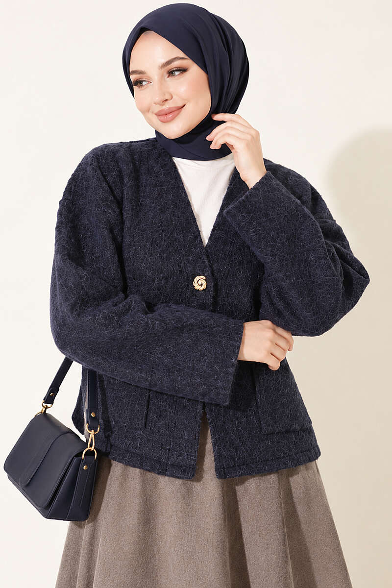 Felt Jacket with Gold Buttons and Two Pockets - Navy