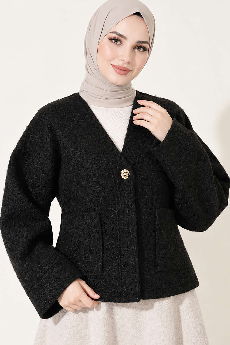 Felt Jacket with Gold Buttons and Two Pockets - Black